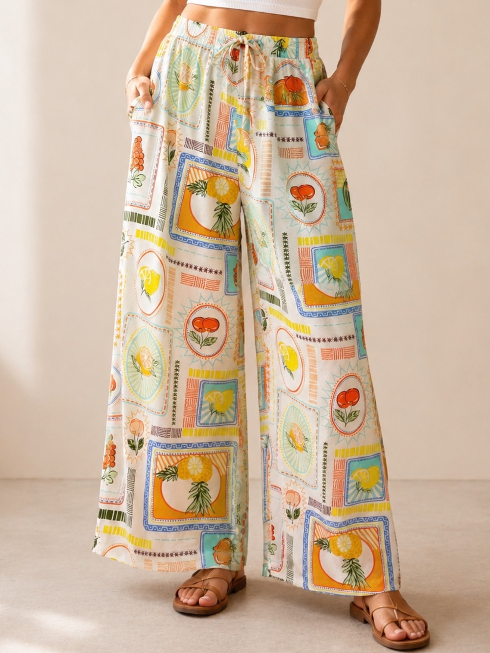 Cali 1850 Linen Blend Fruit Print Wide Leg Pants Size XL Coastal Resort Boho